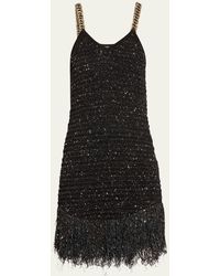 Balmain - Fringed Hem Tweed Mini Dress With Chain Straps - Lyst