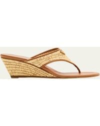 Prada - 55Mm Triangle Logo Raffia And Leather Thong Sandals - Lyst