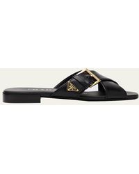 Prada - Triangle Logo Buckle Leather Slide Sandals - Lyst