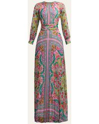 Teri Jon - Pleated Floral-print Chiffon Gown - Lyst
