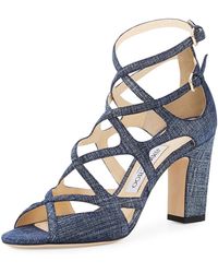 Jimmy Choo Dillan Caged Denim-print 85mm Sandal - Blue