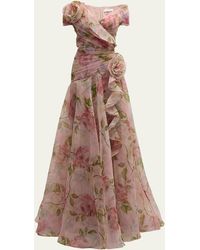 Teri Jon - Pleated Off-shoulder Floral-print Organza Gown - Lyst