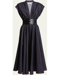 Alaïa - Belted Denim Midi Dress With Contrast Seams - Lyst