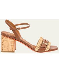 Santoni - Vela Buckle Leather Raffia Block-Heel Sandals - Lyst