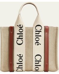 Chloé - Woody Small Tote Bag In Linen With Crossbody Strap - Lyst