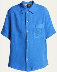 Loewe - Embroidered Anagram Linen Short-sleeve Shirt - Lyst