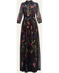 Teri Jon - Blouson-sleeve Floral-print Chiffon Shirt Gown - Lyst