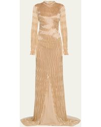 Oscar de la Renta - Long-sleeve Sequin Wave Embellished Tulle Gown - Lyst