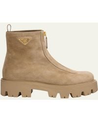 Prada - Stride Suede Zip Ankle Booties - Lyst