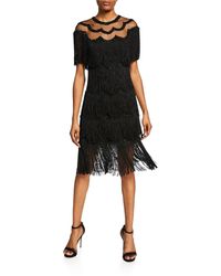 NK32 Naeem Khan Beaded Fringe Dress W/sheer Yoke - Black