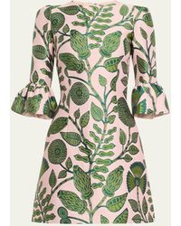 Andrew Gn - Leaf Print Flared-sleeve Belted Mini Dress - Lyst