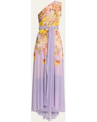 Fuzzi - One-shoulder Floral-print Tulle Maxi Dress - Lyst