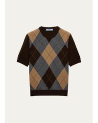 Prada - Argyle Cashmere Short-Sleeve Crewneck Sweater - Lyst