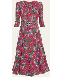 Andrew Gn - Floral Print Three-quarter Sleeve Belted Midi Dress - Lyst