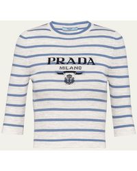 Prada - Stripe Rib Logo-intarsia Crop Wool Top - Lyst