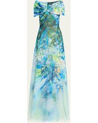 Teri Jon - Off-shoulder Floral-print Chiffon Gown - Lyst