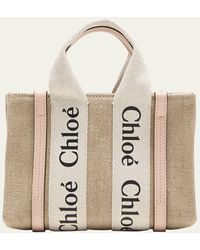 Chloé - Woody Mini Tote Bag In Linen With Crossbody Strap - Lyst
