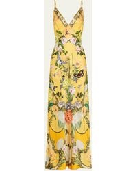 Camilla - Floral Silk Long Bias Slip Dress With Train - Lyst