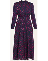 Saloni - Jacqui-B Belted Floral Silk Midi Dress - Lyst