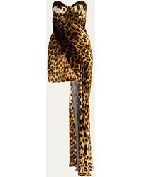 Halpern - Leopard Print Bustier Mini Dress With Draped Train - Lyst