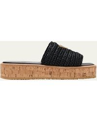 Prada - Raffia Cork Flatform Slide Sandals - Lyst