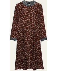 Prada - Floral-Print Silk Georgette Long-Sleeve Midi Dress - Lyst