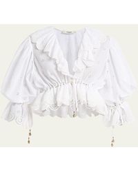 Chloé - Eyelet Cotton Ruffle Crop Peasant Blouse - Lyst