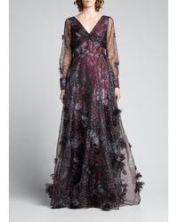 Marchesa - Foiled Printed Organza Gown W/ 3d Flowers - Lyst