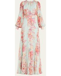 Teri Jon - Pleated Floral-print Blouson-sleeve Gown - Lyst