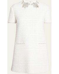 Valentino Garavani - Crystal Flower Short-sleeve Tweed Mini Dress - Lyst