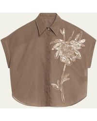 Brunello Cucinelli - Crispy Silk Button-front Top With Magnolia Embroidery - Lyst