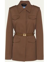 Prada - Gabardine Leather Belted Jacket - Lyst