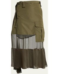 Sacai - Sheer Belted Mixed-fabric Midi Skirt - Lyst