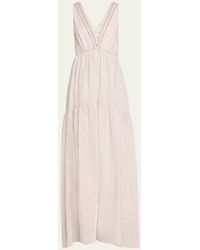 Brunello Cucinelli - Cotton Silk Striped Maxi Dress With Ruffled Waist And Monili Detail - Lyst