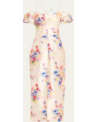 Markarian - Palma Beaded Floral Off-shoulder Ruched Midi Dress - Lyst