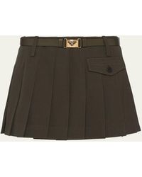 Prada - Pleated Gabardine Leather Belted Mini Skirt - Lyst