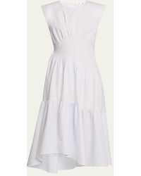 FRAME - The Seersucker Gathered Seam Midi Dress - Lyst