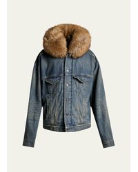 Balenciaga - Faux Fur-Trim Hooded Denim Trucker Jacket - Lyst