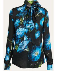 Dolce & Gabbana - Satin Bluebell Print Blouse With Tie Neck - Lyst
