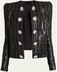 Balmain - Collarless Sequined Tweed Jacket With Jewel Buttons - Lyst