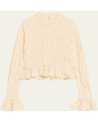 Chloé - Open-Knit Ruffle Crewneck Cardigan - Lyst
