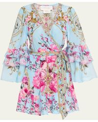 Camilla - Ruffle-sleeve Floral Silk Mini Wrap Dress - Lyst