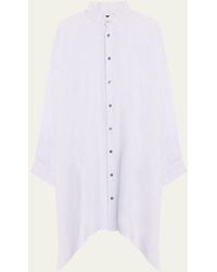 Eskandar - Wide A-line Collarless Linen Shirt (very Long Length) With Slits - Lyst