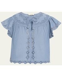 Ulla Johnson - Effie Embroidered Flutter-Sleeve Top - Lyst