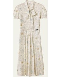 Miu Miu - Floral Neck-Tie Short-Sleeve Midi Dress - Lyst