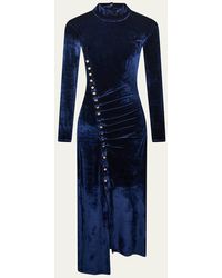 Rabanne - Mock-Neck Asymmetric Ruched Velvet Midi Dress - Lyst