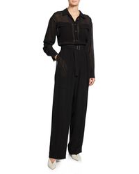 Jason Wu Long-sleeve Semi-sheer Button-front Belted Crinkle Jumpsuit - Black