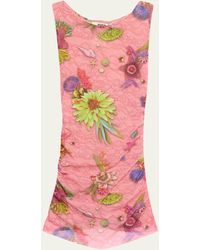 Fuzzi - Ruched Floral Lace-print Tulle Tank Top - Lyst