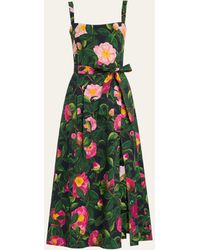 Oscar de la Renta - Camellias-print Belted Slit-hem Poplin Midi Dress - Lyst