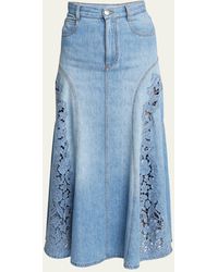 Chloé - Floral Broderie Anglaise Cotton Linen Denim A-line Midi Skirt - Lyst